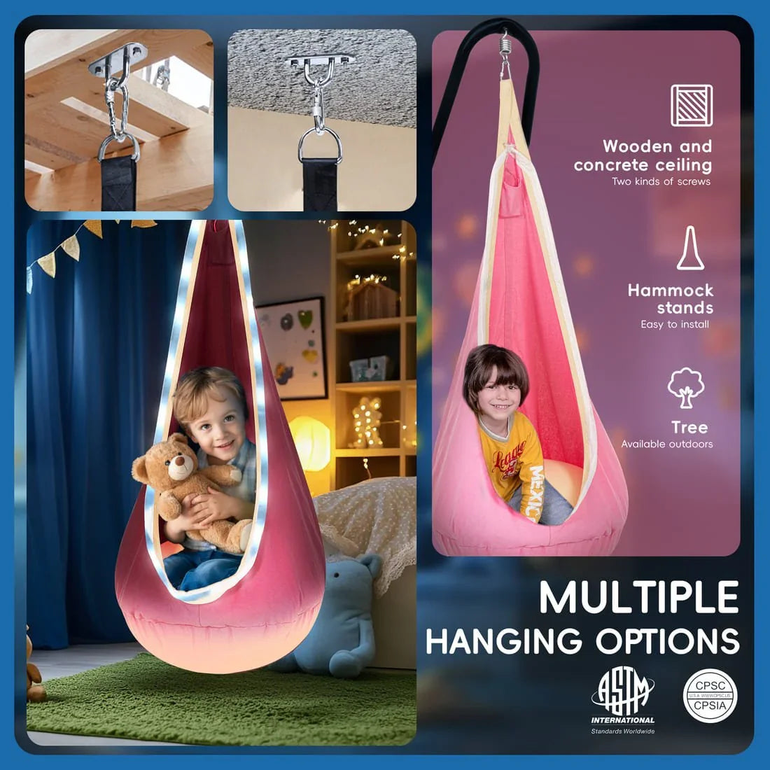 Children in sensory pod swing with LED lights, shown with hanging hardware for ceiling, stand, or tree options.