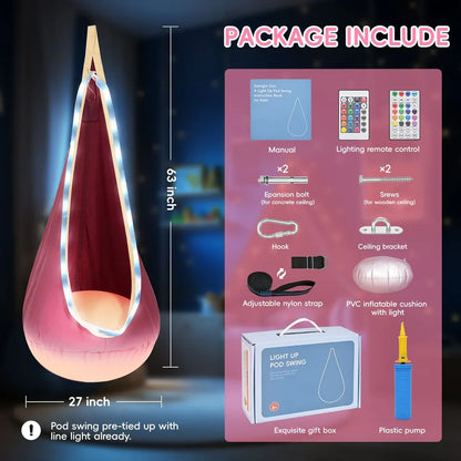 Light up sensory pod swing for kids, 63 inch tall, with hanging kit and LED lights, gift box included