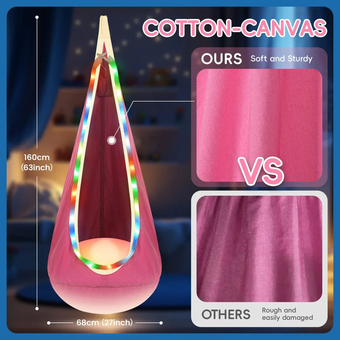 Pink sensory swing pod for kids with colorful LED lights, cotton-canvas material comparison.