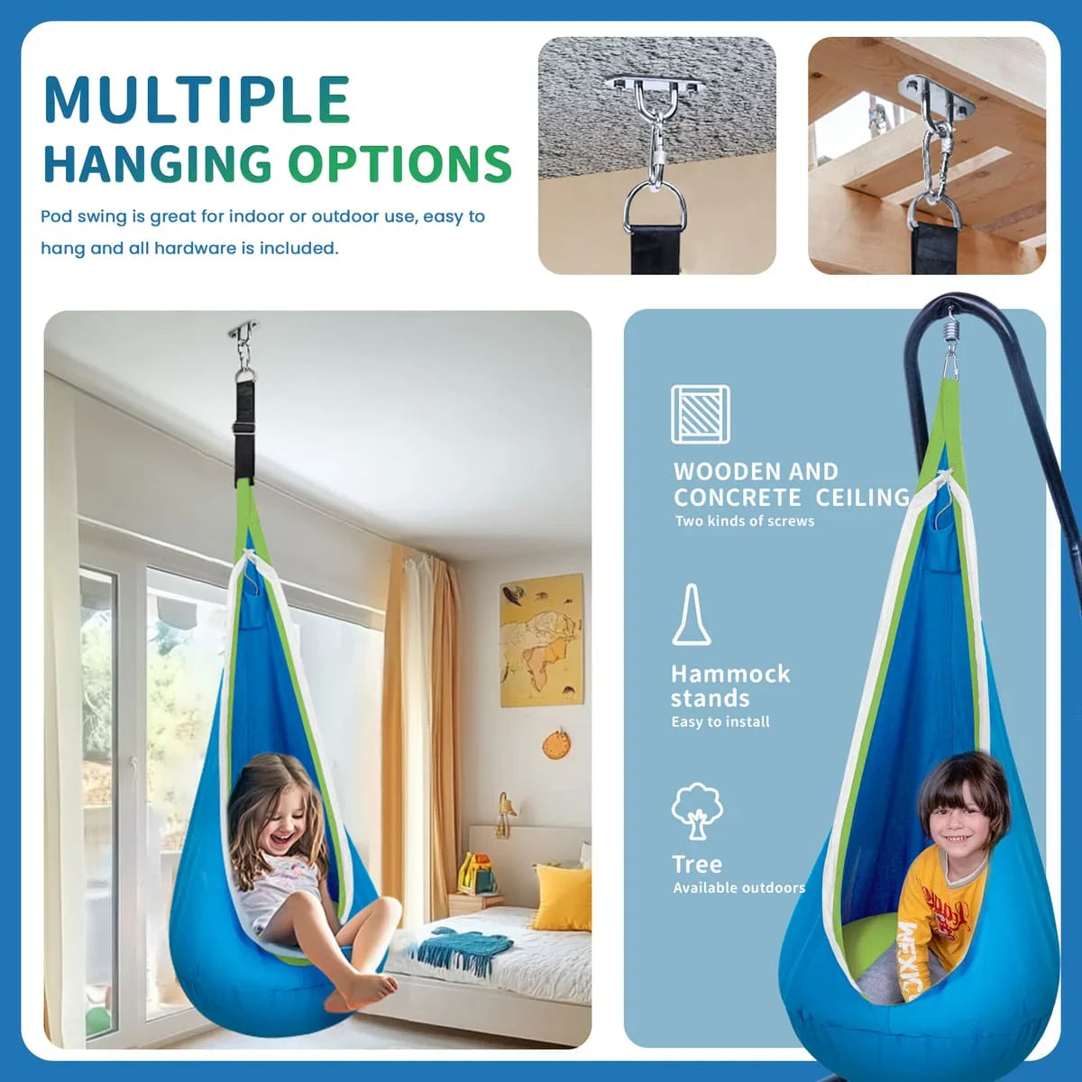 Sensory pod swing for kids with multiple hanging options, shown indoors with children sitting inside.