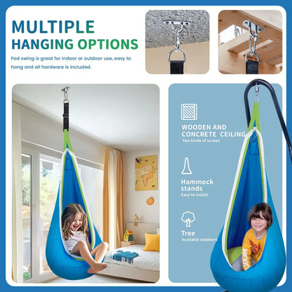 Sensory pod swing for kids with multiple hanging options, shown indoors with children sitting inside.