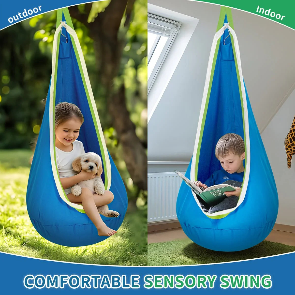 Sensory swing for kids, indoor and outdoor, blue pod seat for relaxation and comfort