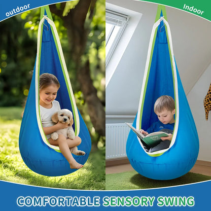 Sensory swing for kids, indoor and outdoor, blue pod seat for relaxation and comfort