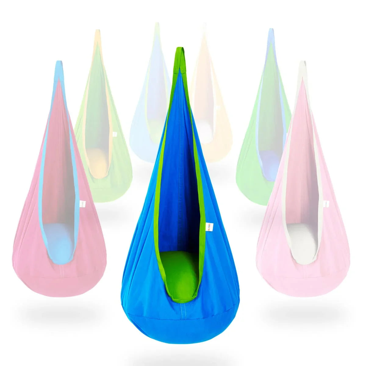 Blue and green sensory pod swing with cushioned seat, surrounded by pastel-colored swings