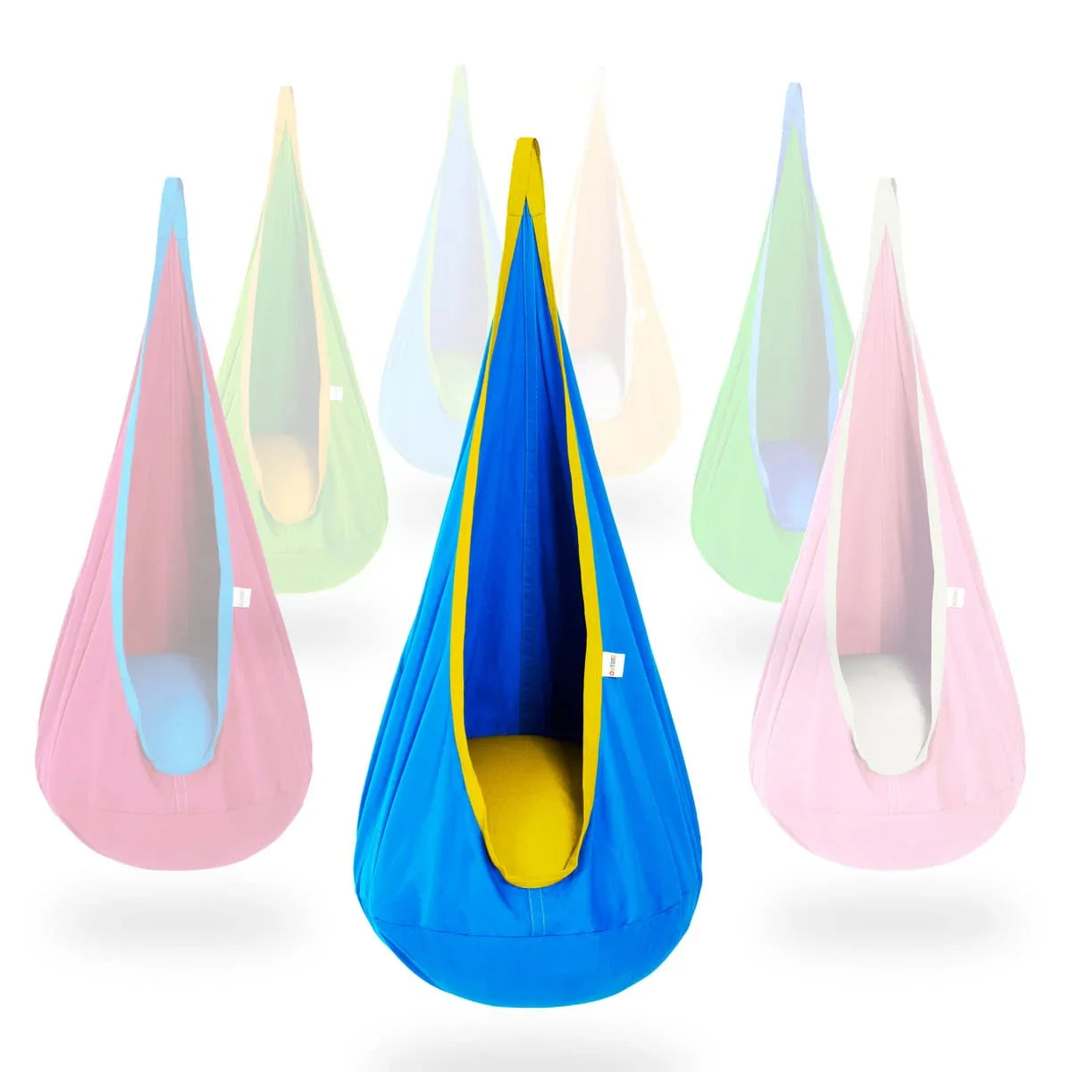 Blue and yellow sensory pod swing for kids, ideal for sensory support and calming play.