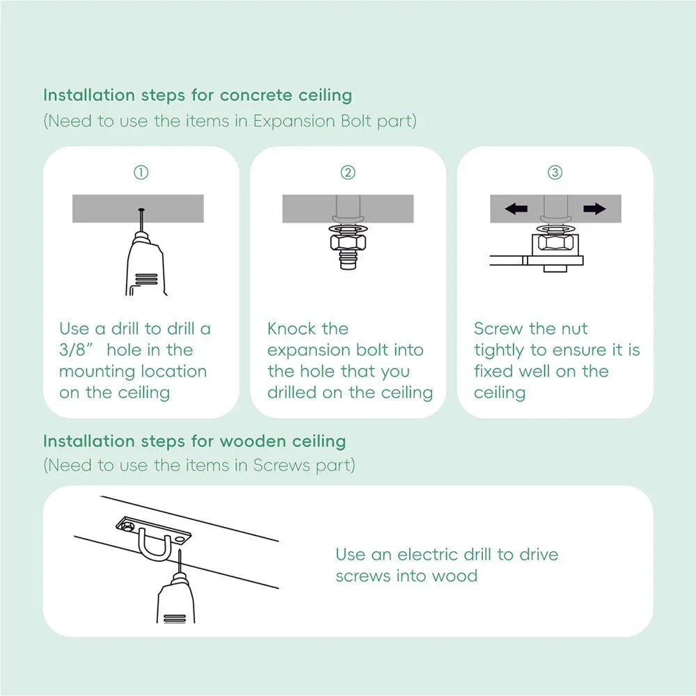 Ceiling installation guide with illustrated steps for mounting hardware on concrete or wood ceiling.