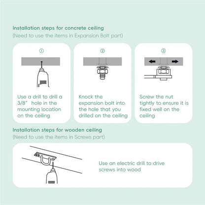 Ceiling installation guide with illustrated steps for mounting hardware on concrete or wood ceiling.
