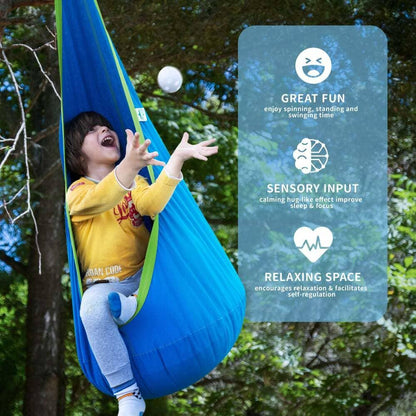 Child in blue sensory swing pod outdoors, smiling and playing, benefits of sensory input and relaxation highlighted.
