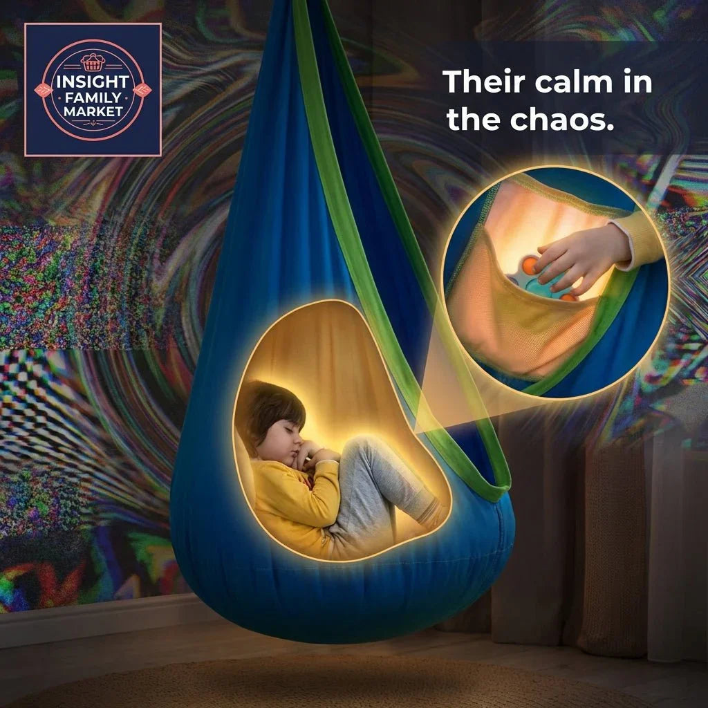 Child relaxing in blue sensory swing pod, showing inner pocket with sensory toy, cozy room setting.