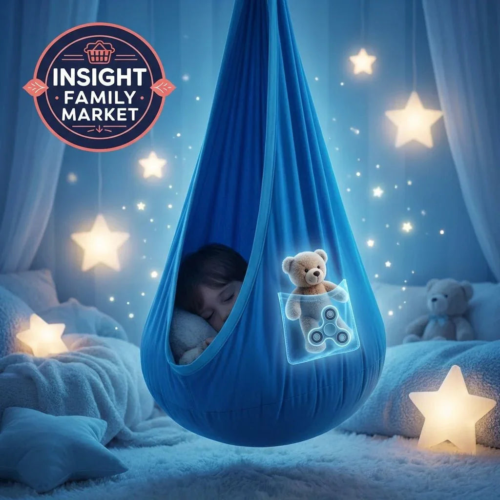 Child sleeping in a sensory hammock swing surrounded by glowing star lights and plush toys