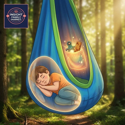 Child sleeping in blue sensory swing with fidget toy, in a sunlit forest setting