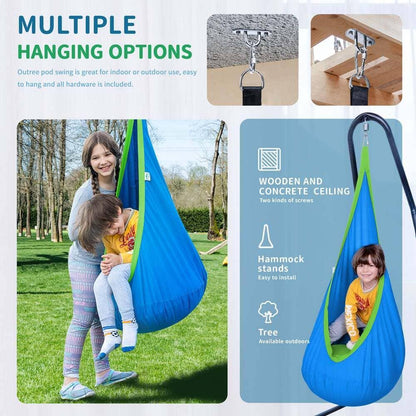 Children playing in a blue sensory pod swing outdoors, showing multiple hanging options for indoor or outdoor use.