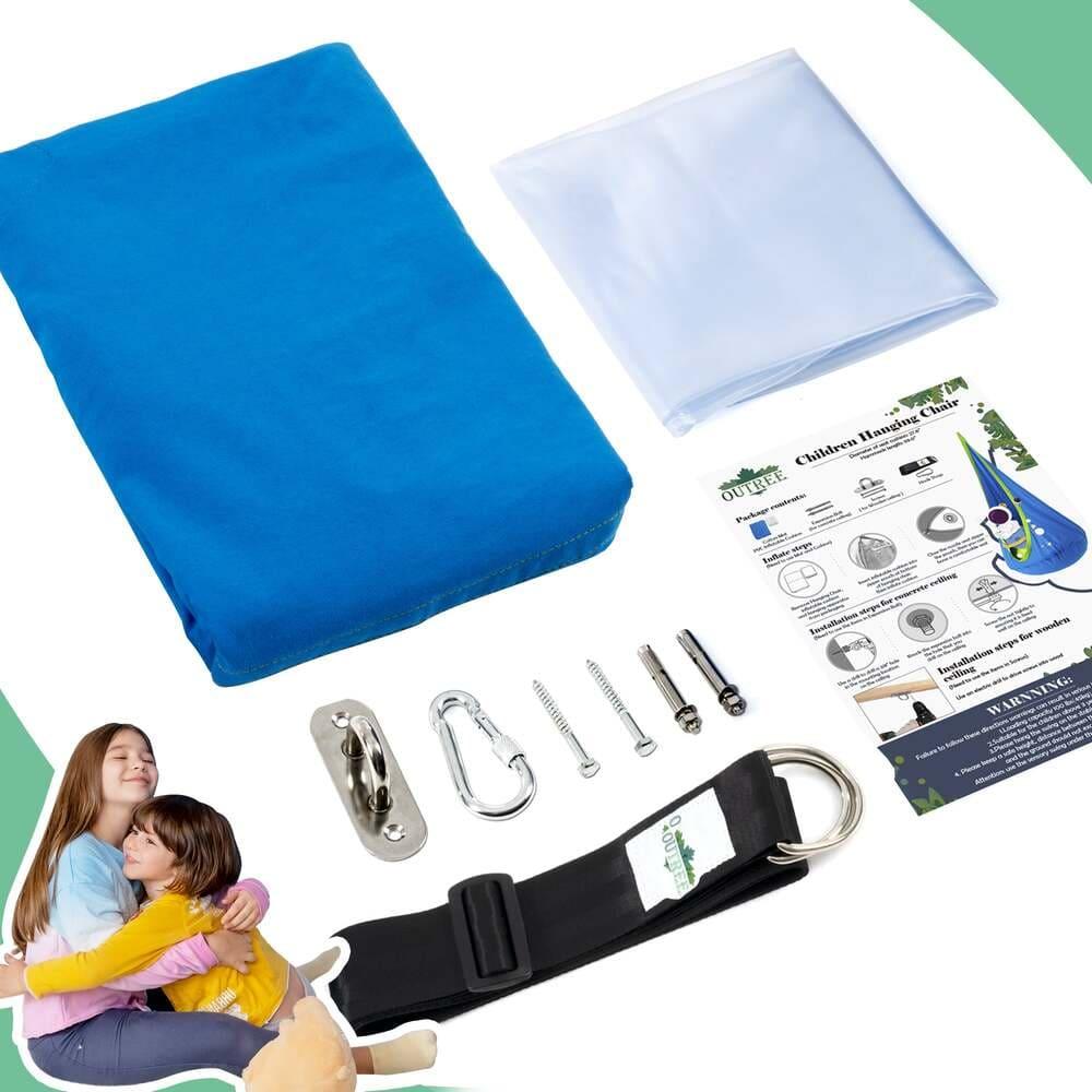 Children’s sensory hammock chair kit with blue fabric, mounting hardware, strap, instructions, and two kids hugging.