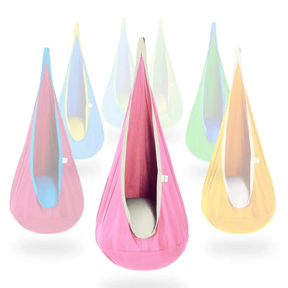 Colorful sensory pod swings for kids, with main pink swing and soft interior cushion