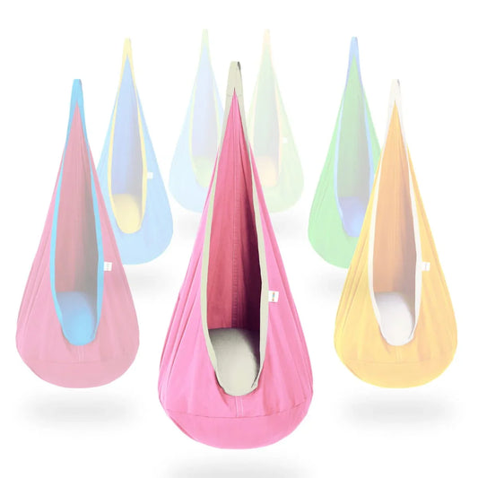 Colorful sensory pod swings for kids, with main pink swing and soft interior cushion