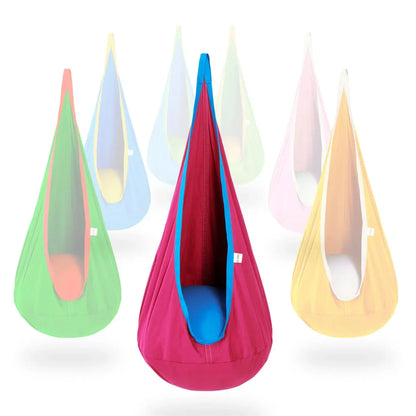 Colorful sensory pod swings for kids, with main swing in dark pink and blue fabric.