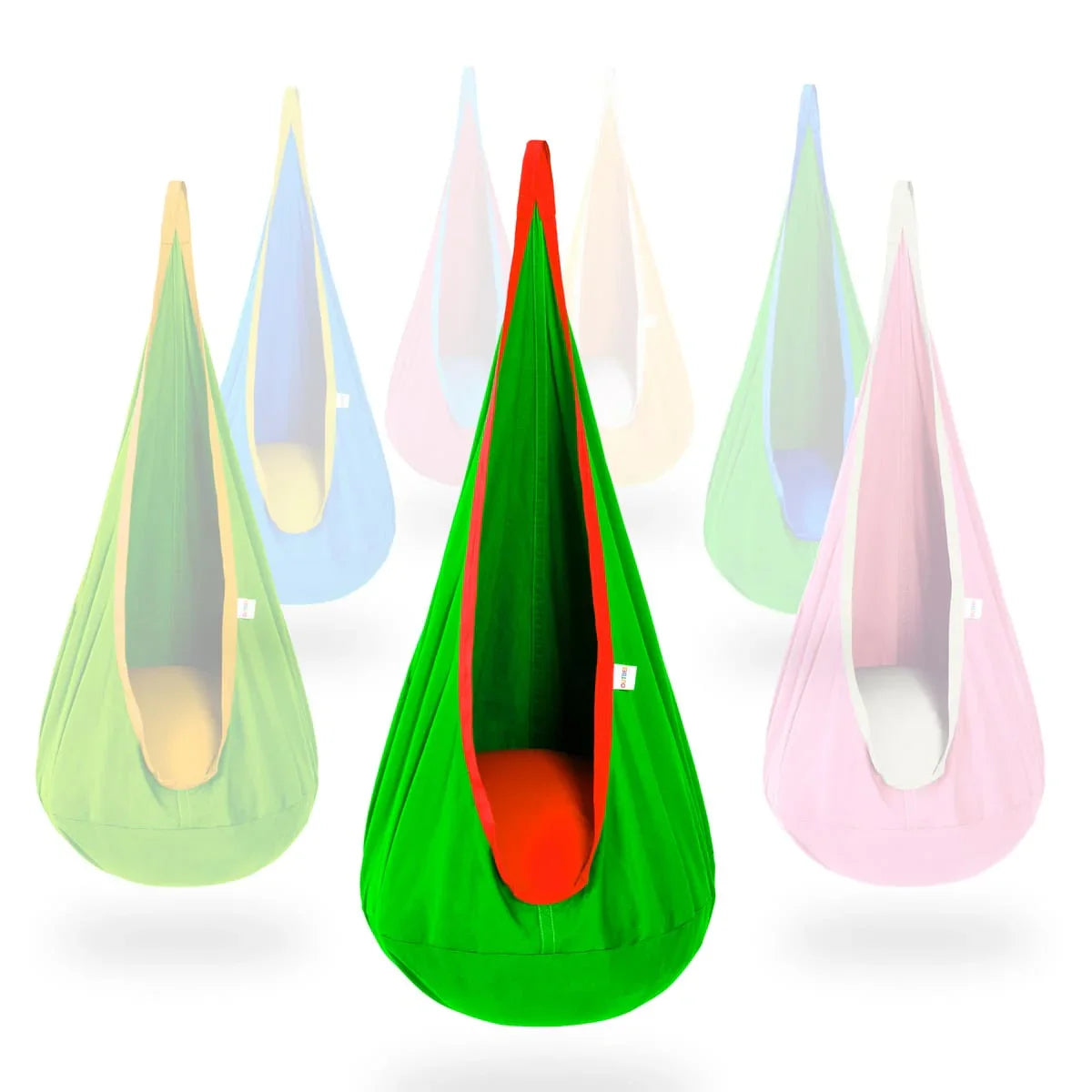 Green and red sensory pod swing for kids, teardrop shape, cushion inside, white background