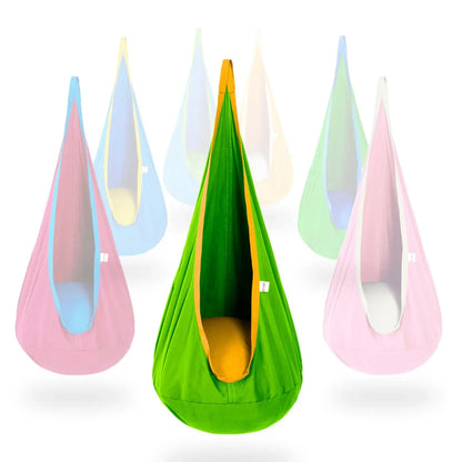 Green and yellow sensory pod swing chair for kids, with multiple color options shown