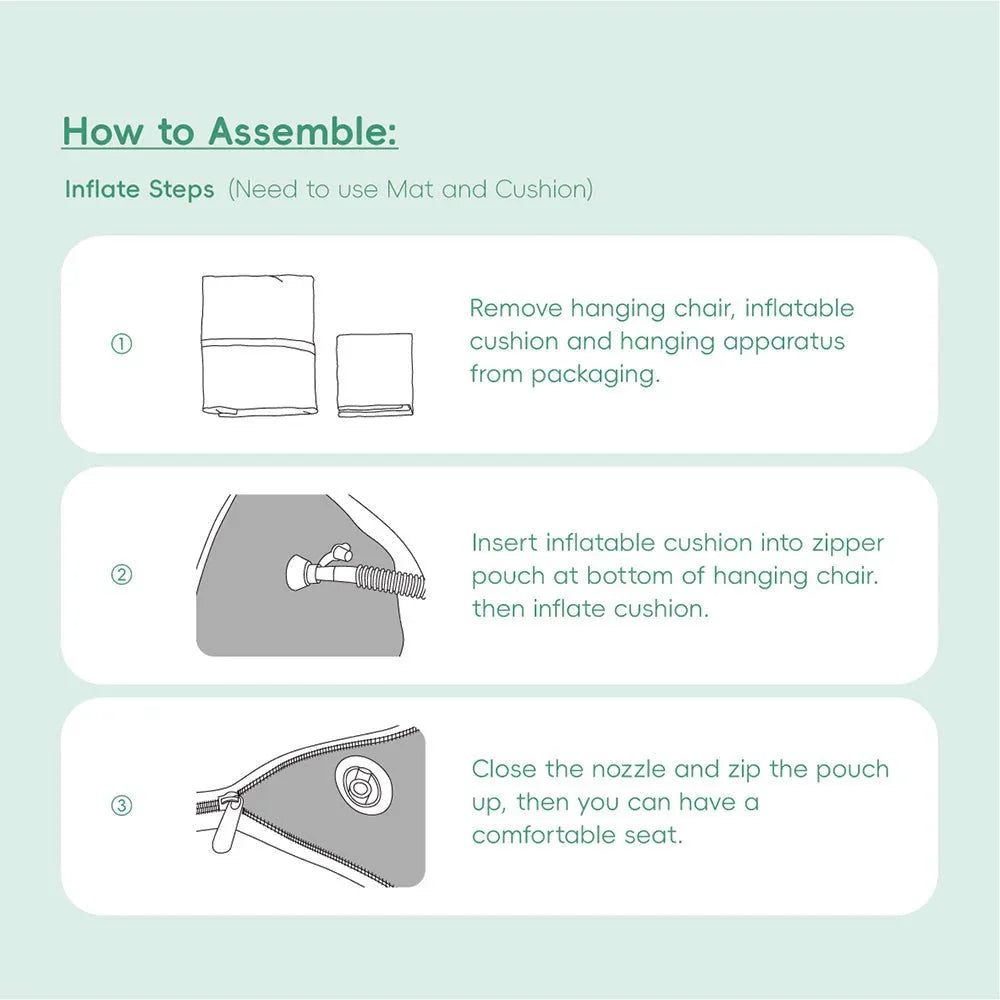 Instruction guide for inflating a sensory hanging chair with cushion and zippered pouch steps.