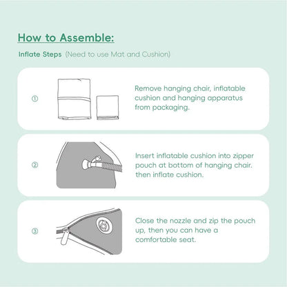 Instruction guide for inflating a sensory hanging chair with cushion and zippered pouch steps.