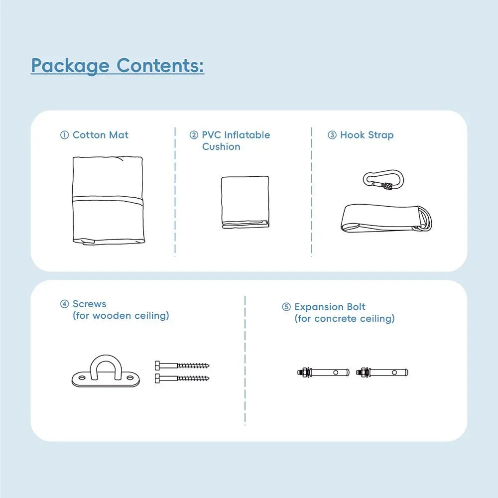 Package contents with cotton mat, PVC inflatable cushion, hook strap, screws, and expansion bolts, illustrated on a light background.