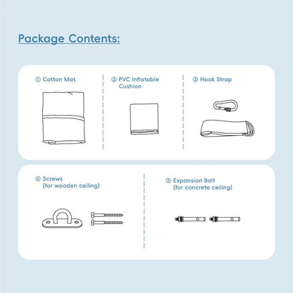 Package contents with cotton mat, PVC inflatable cushion, hook strap, screws, and expansion bolts, illustrated on a light background.