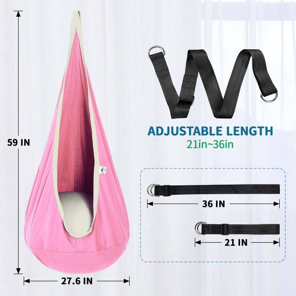 Pink sensory pod swing with cushion, adjustable hanging strap, and size dimensions shown.