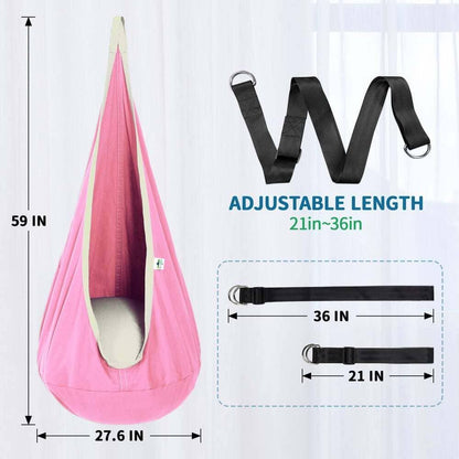 Pink sensory pod swing with cushion, adjustable hanging strap, and size dimensions shown.