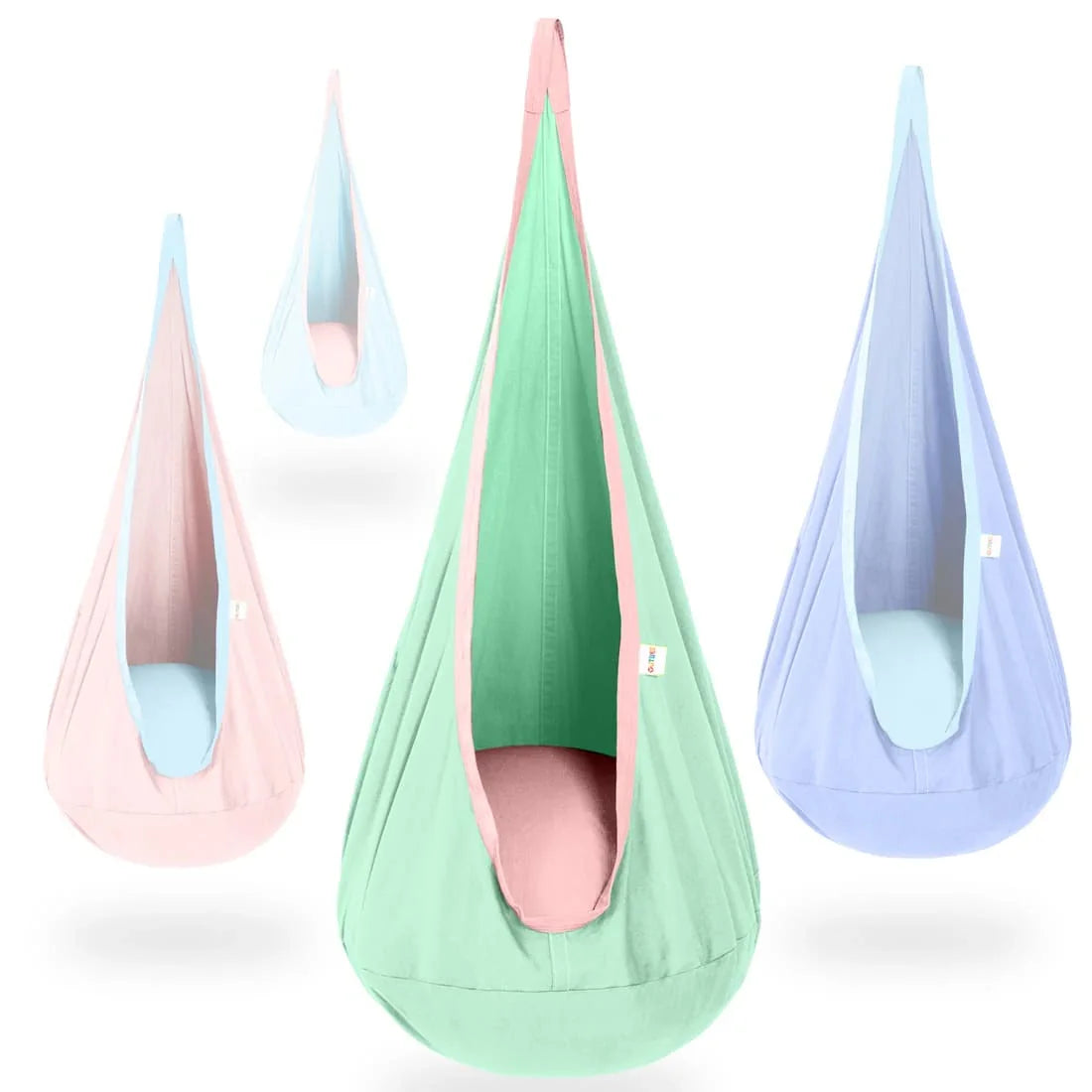 Sensory pod swings in pastel green, blue, and pink, suitable for kids' calming spaces.