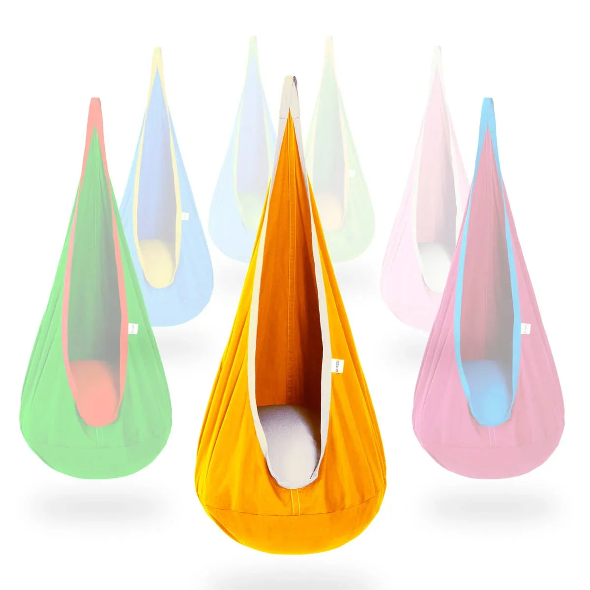 Yellow and white sensory pod swing with cushion, surrounded by colorful pod swings