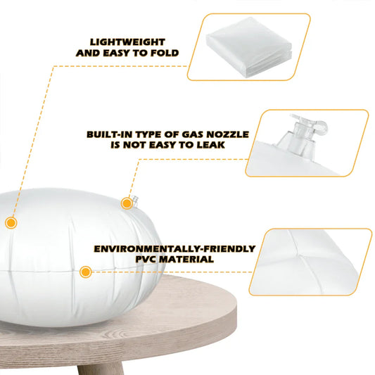Inflatable white PVC sensory cushion on table, foldable, with built-in leakproof valve