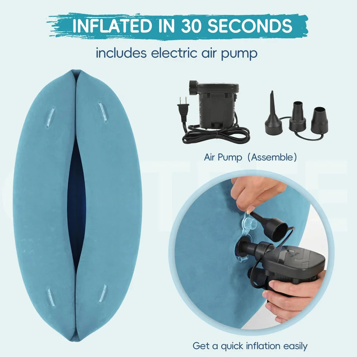 Blue inflatable hug chair with electric air pump and fast inflation demonstration
