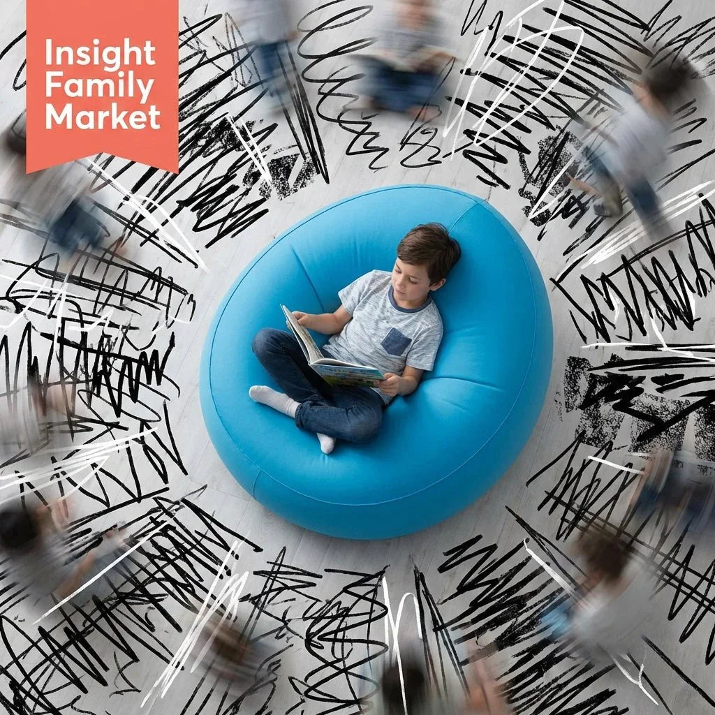 Child reading calmly on a blue sensory chair, surrounded by chaotic blurred motion and scribbles