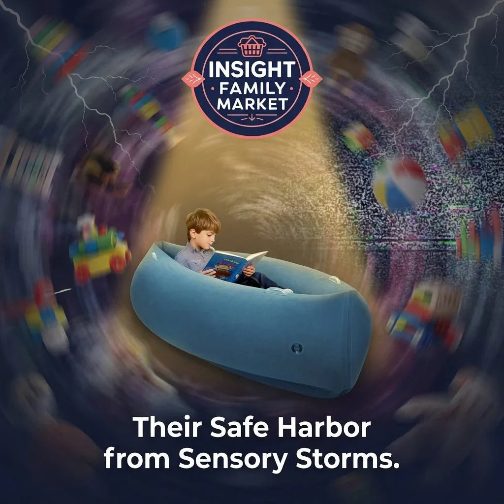 Child reading in sensory-friendly inflatable chair, surrounded by chaotic toys and lightning.