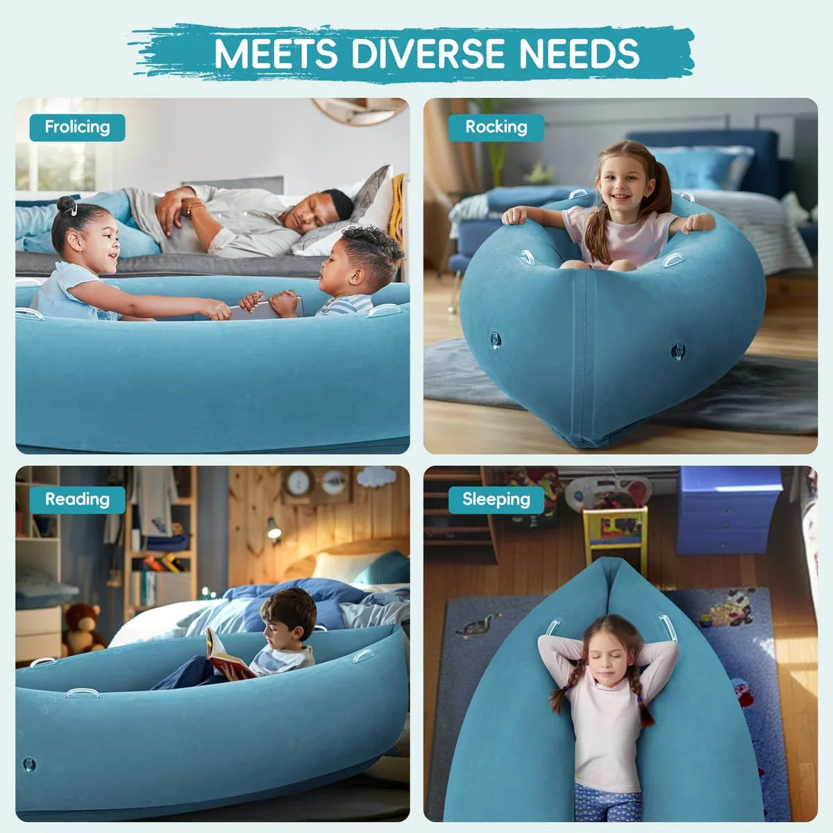 Children using a blue sensory chair for relaxing, rocking, reading, and sleeping.