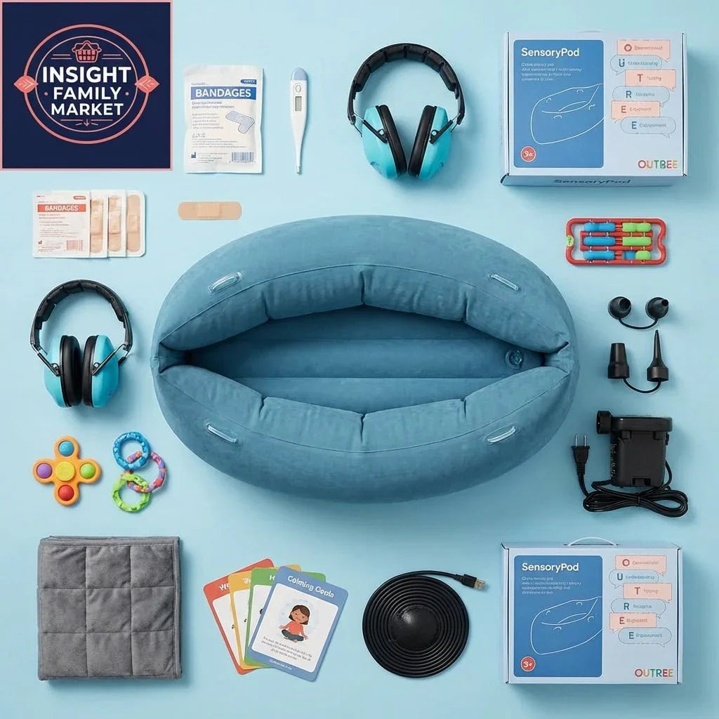 Sensory pea pod kit with blue inflatable pod, headphones, bandages, calming cards, fidget toys, and sensory supports on a blue background.