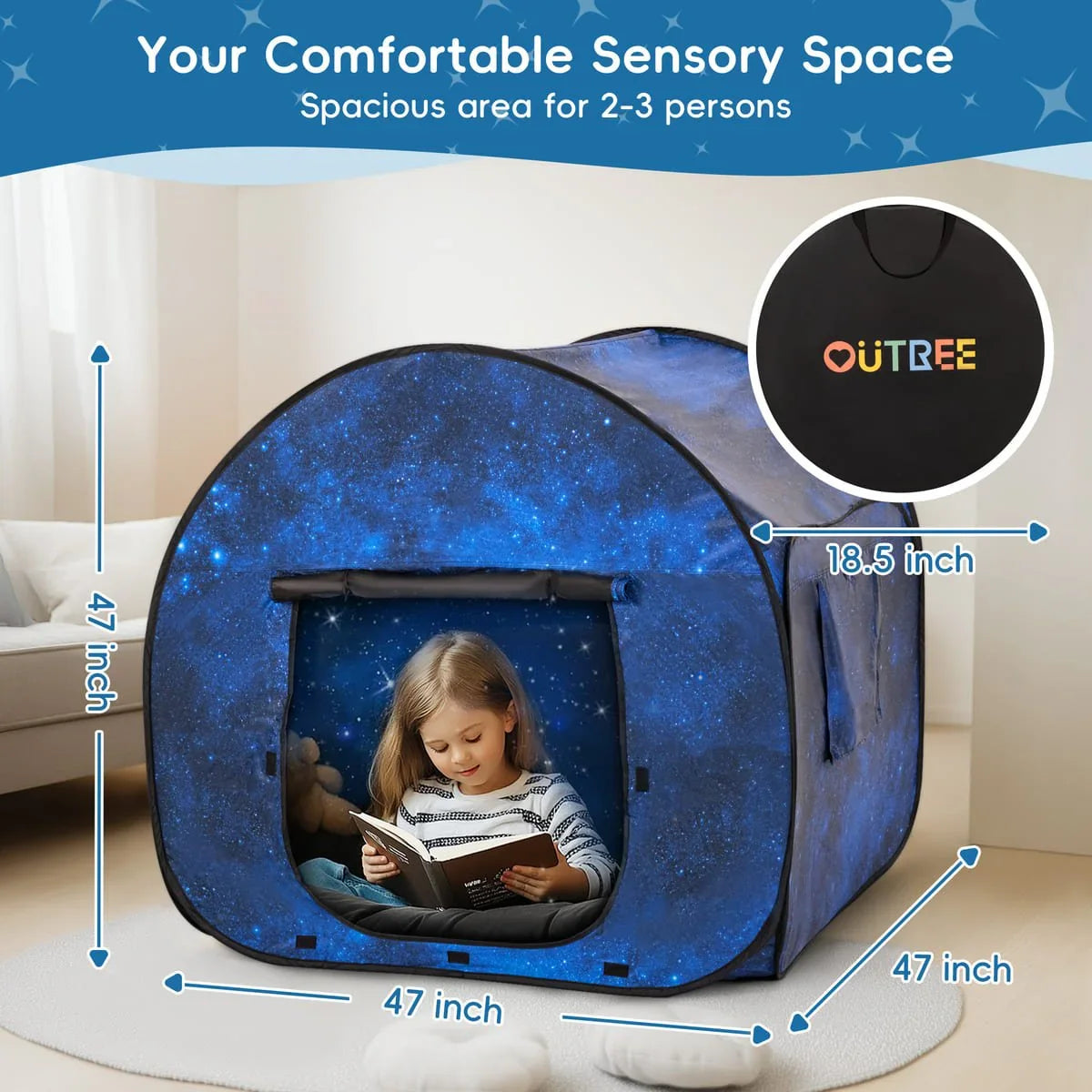 Child reading inside blue sensory tent with star pattern, 47 inch spacious indoor play space