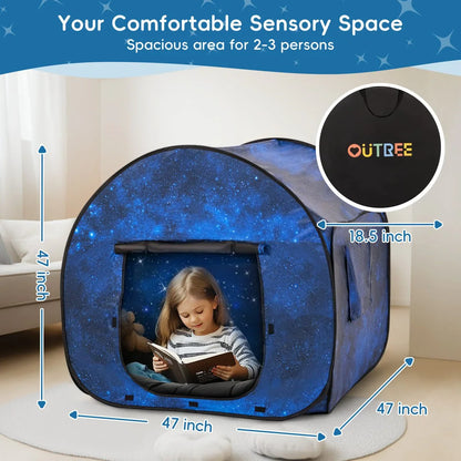 Child reading inside blue sensory tent with star pattern, 47 inch spacious indoor play space