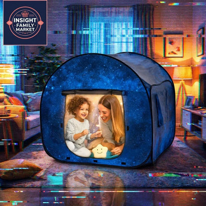 Sensory tent for kids with calming star pattern, mother and child playing inside at home