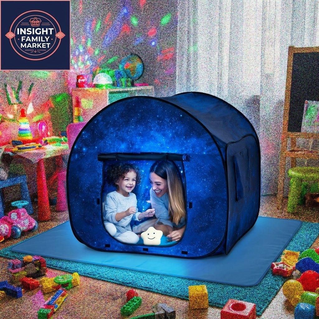 Parent and child in sensory-friendly dark blue tent with galaxy design in a playroom