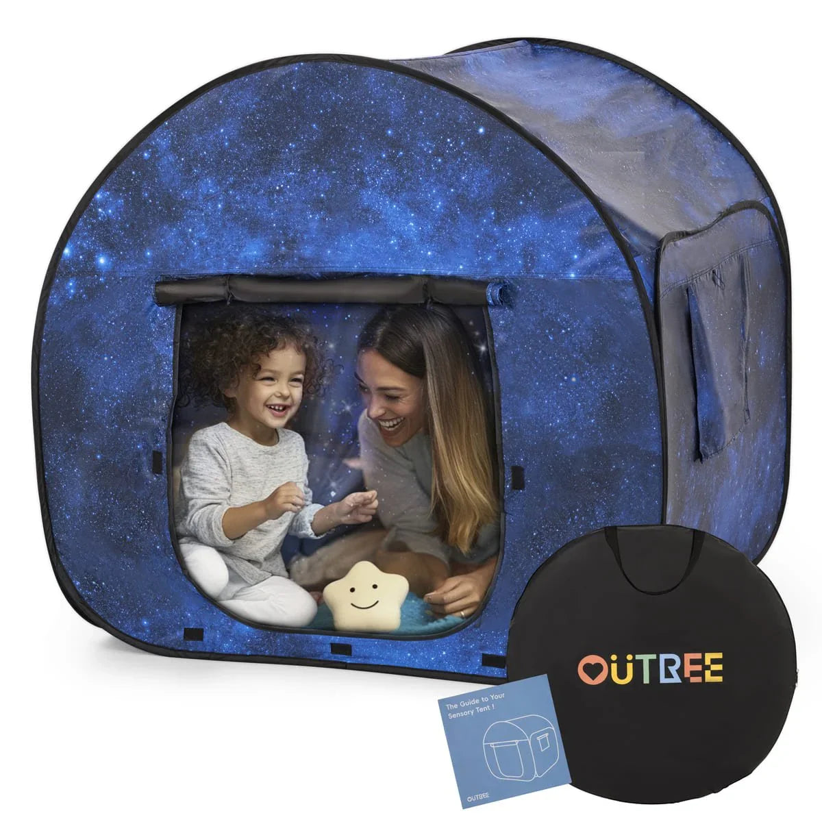 Child and adult smiling inside blue sensory tent with star print, plush star toy, and folded bag