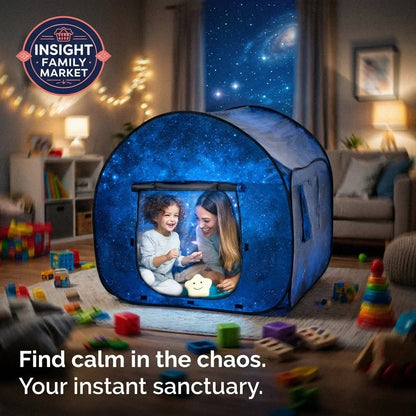Mother and child smiling inside a galaxy sensory tent in a cozy, toy-filled living room.