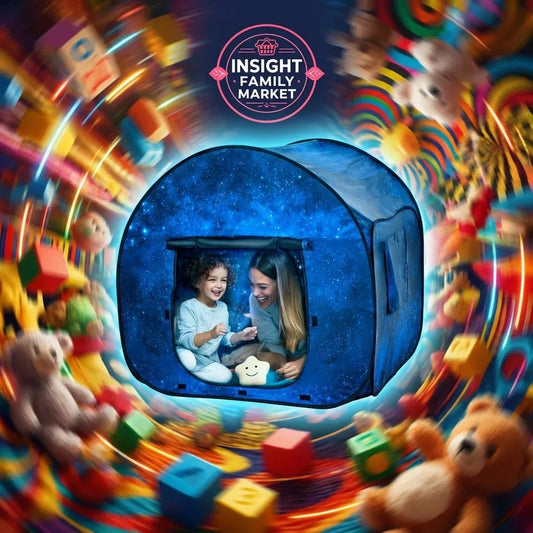 Mother and child smiling in a tent surrounded by colorful toys and stuffed animals