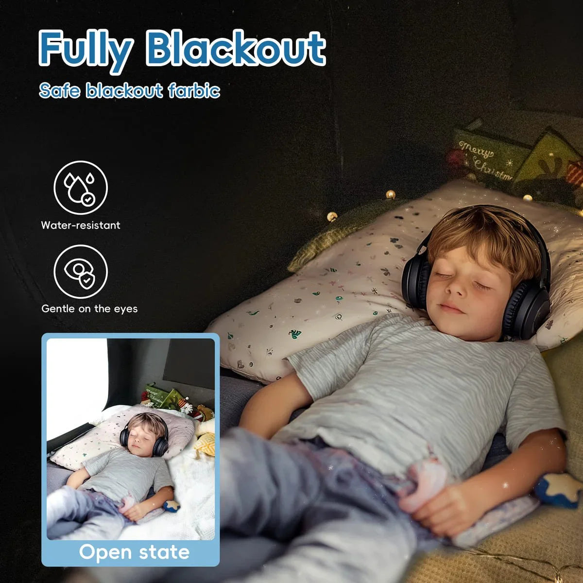 Child relaxing in sensory blackout tent, wearing headphones, on soft bedding, with gentle lighting.