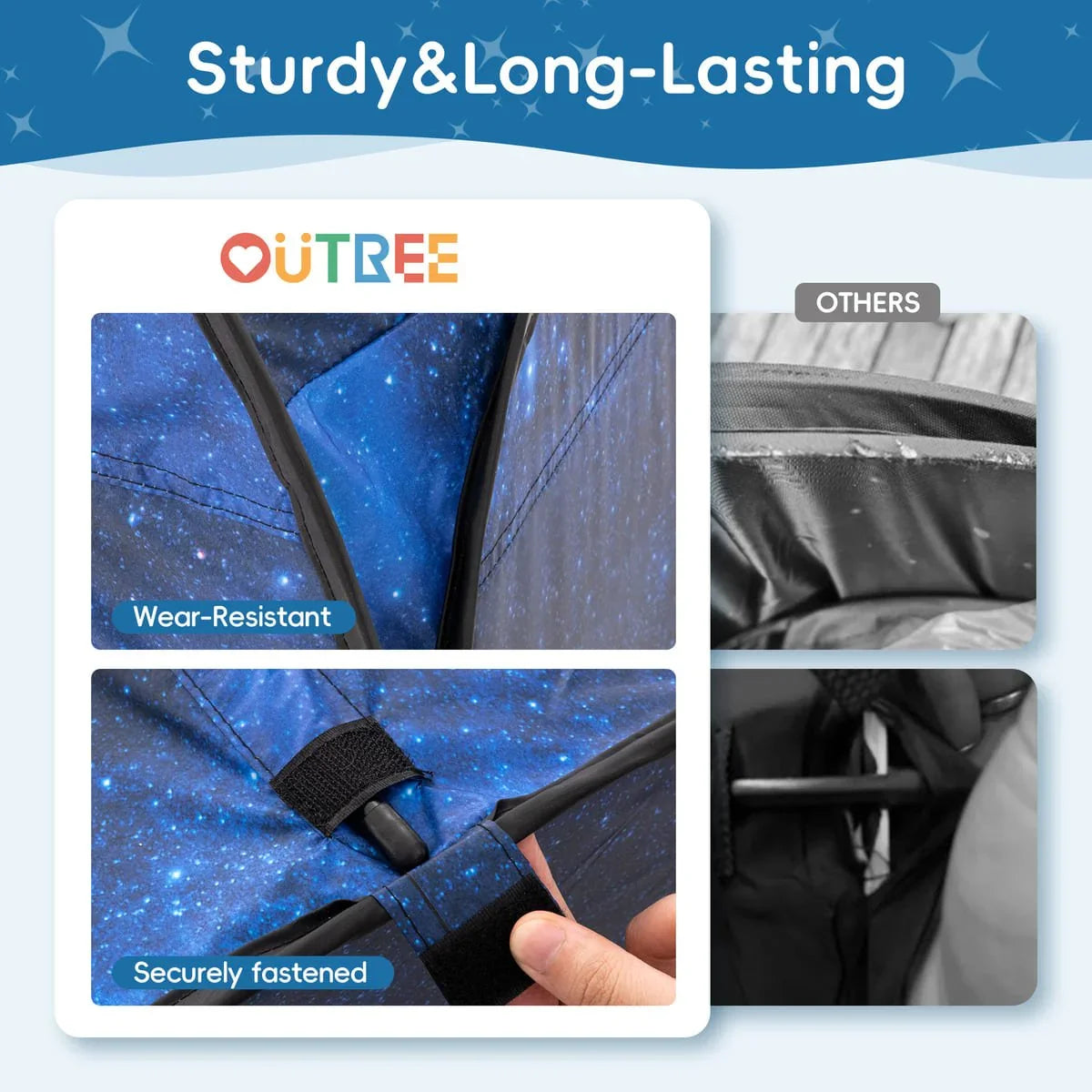 Durable sensory kids tent details with wear-resistant star-patterned fabric and secure fasteners.