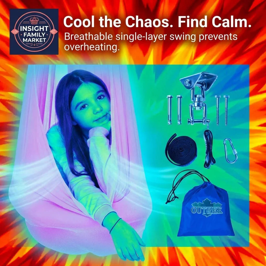 Child in a sensory swing with calm blue light, swing installation kit displayed beside, text promoting cooling and calming benefits.