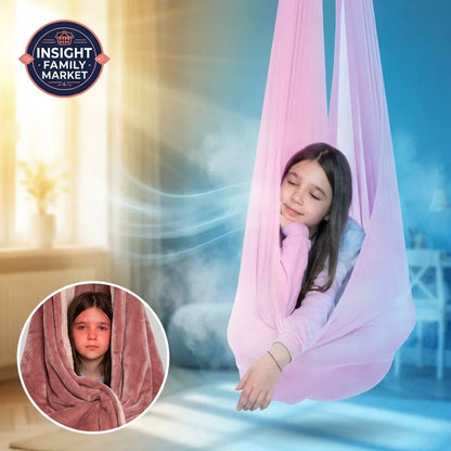 Girl relaxing in a pink sensory swing hammock, sensory-friendly room, inset shows girl wrapped in a soft pink blanket.