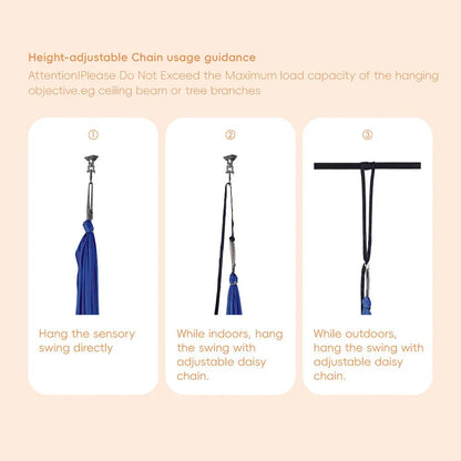 Sensory swing hanging guide showing adjustable daisy chain for indoor and outdoor use.