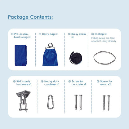 Sensory swing kit package contents including pre-assembled swing, bag, daisy chain, O-sling, hardware, carabiner, screws.