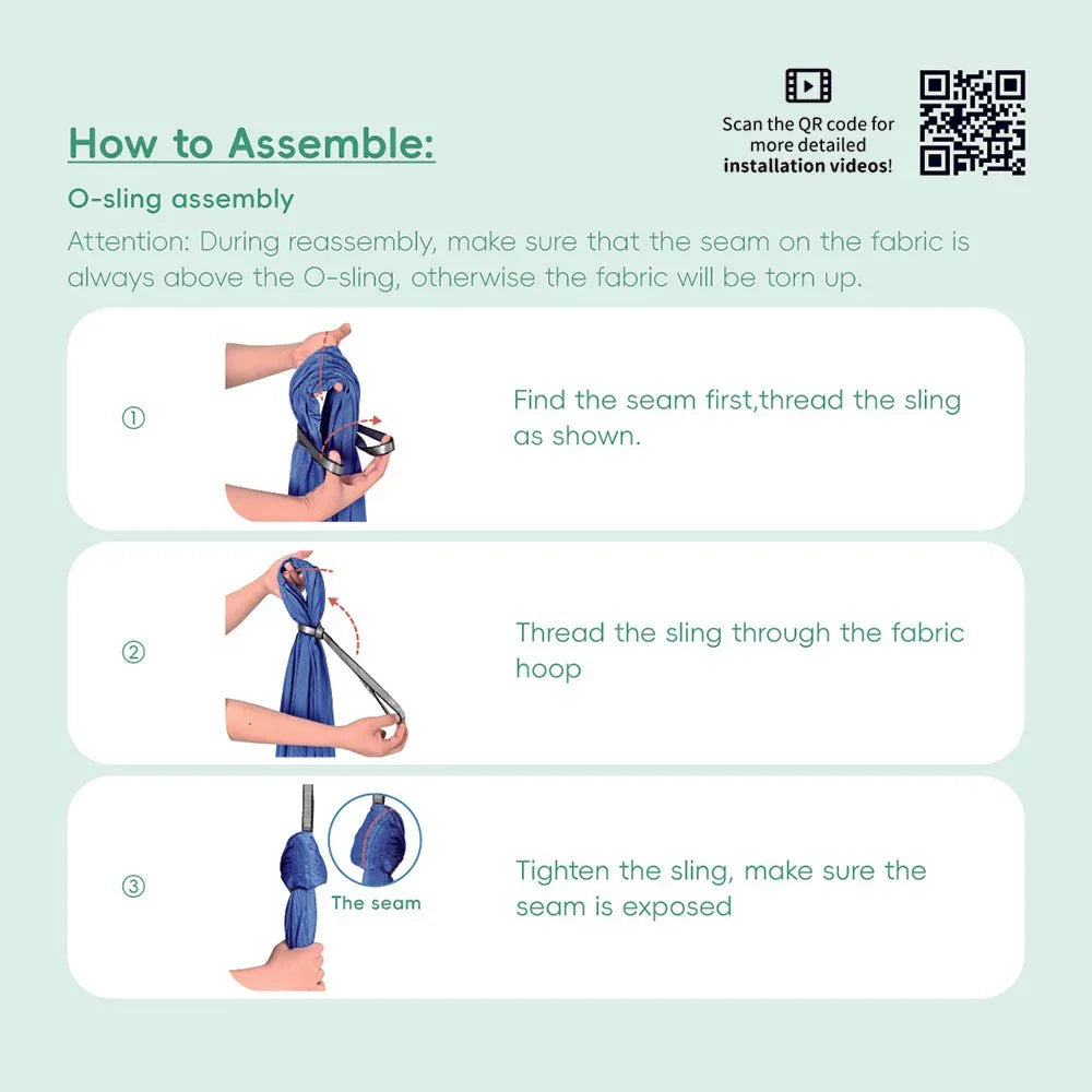 Step-by-step O-sling assembly instructions with hands threading blue sensory sling fabric.